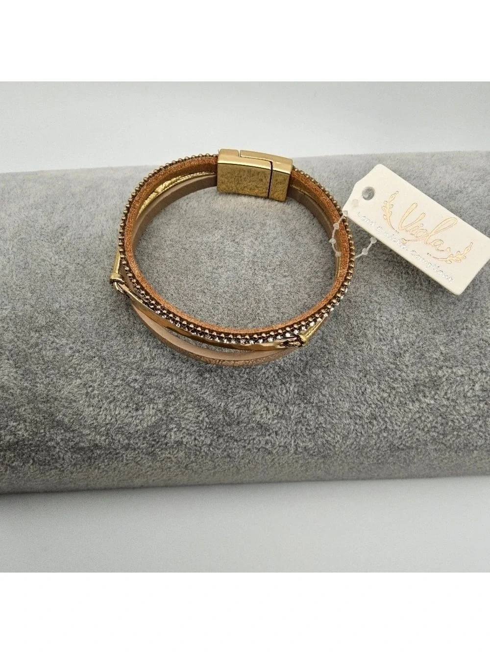 Elegant Gold Plated Multi Chain Leatherette Magnetic Bracelet, Simulated Diamond